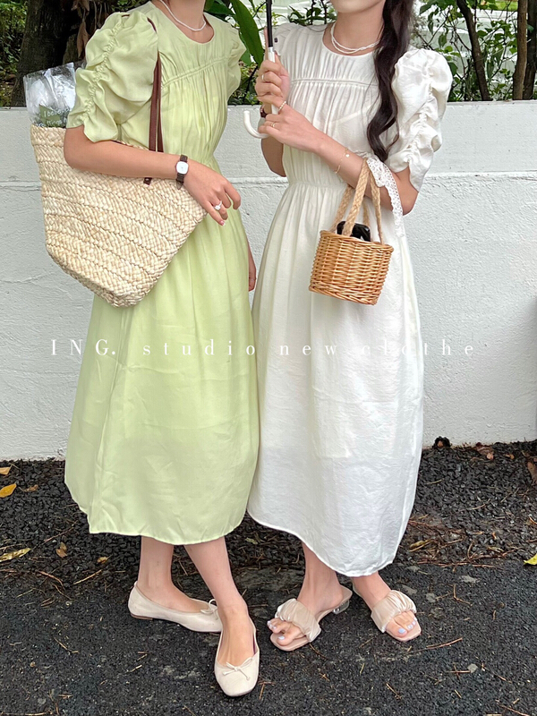 [ing] Korean chic gentle style round neck bubble sleeve loose thin dress ing-7767# HBx