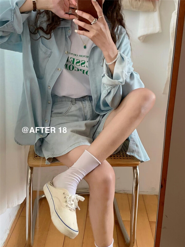[after 18] simple solid color loose one pocket denim shirt b036# ZSY