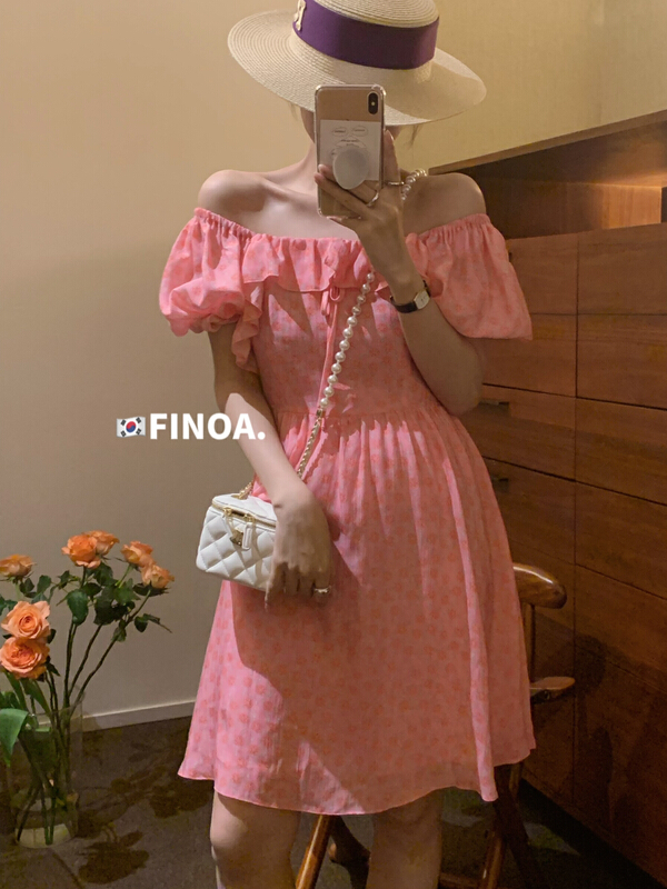 goods in stock! New in early summer! [finoa] Korean casual flanging draped floral one shoulder dress 10339# CLS