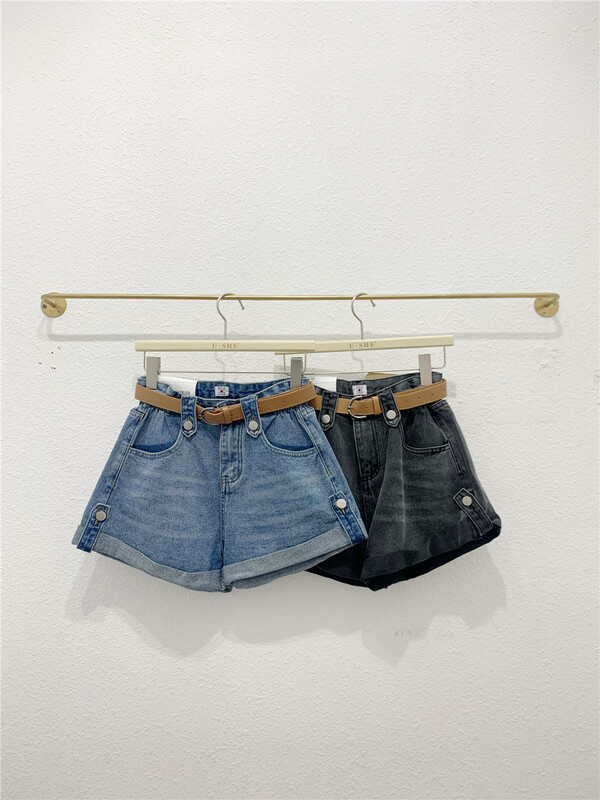[u.she] Korean personalized casual thin denim shorts (with belt) 6751# cqw
