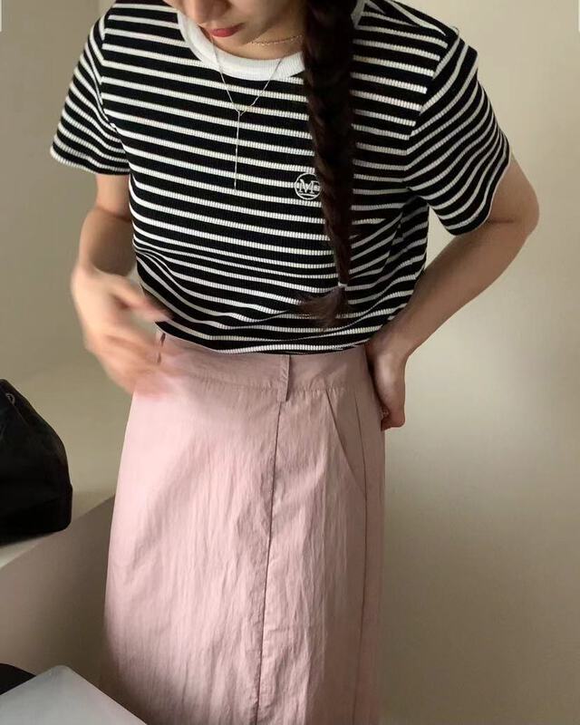 [bluepops] striped loose and versatile short sleeve T-shirt a2333# zxl