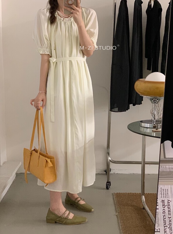 [m.zi studio] Korean one neck loose bubble sleeve dress (with belt) 6923# HBx