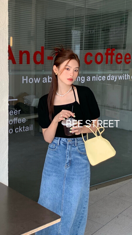 New in early summer! [bee Street] simple and versatile short shirt + slim suspender vest set 9155# lwy
