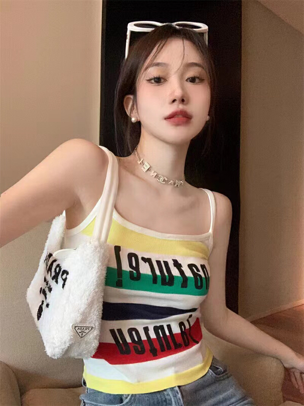 [only love] American style fried Street rainbow letter stripe vest / sling c356# zxl