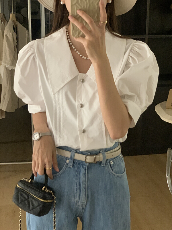 [on line] Korean version single breasted bubble sleeve shirt 7099# lwy