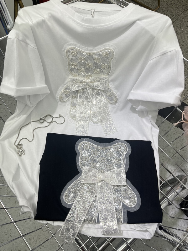 [Yilin] heavy industry Beaded ribbon short sleeve T-shirt 2293# WTT