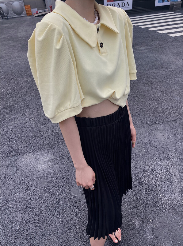 [open] solid color versatile bubble sleeve polo 3635# ozq