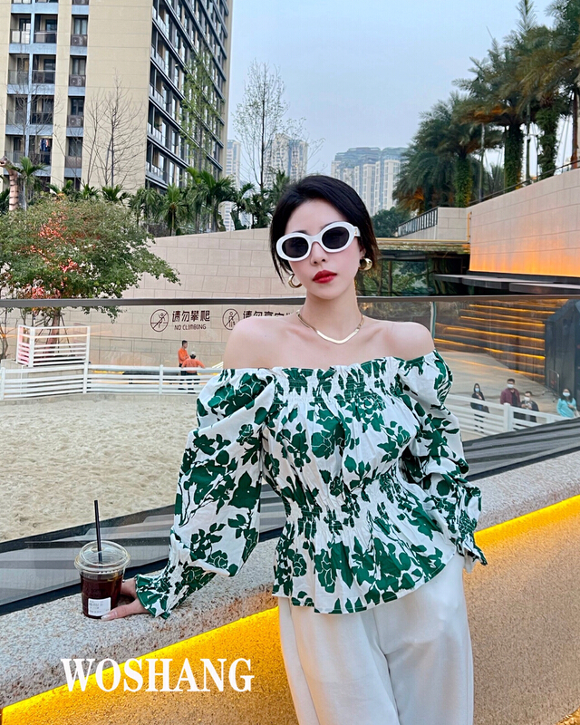 [woshang woshang] French Chic off shoulder long sleeved sweet little shirt 2887-1# XYJ