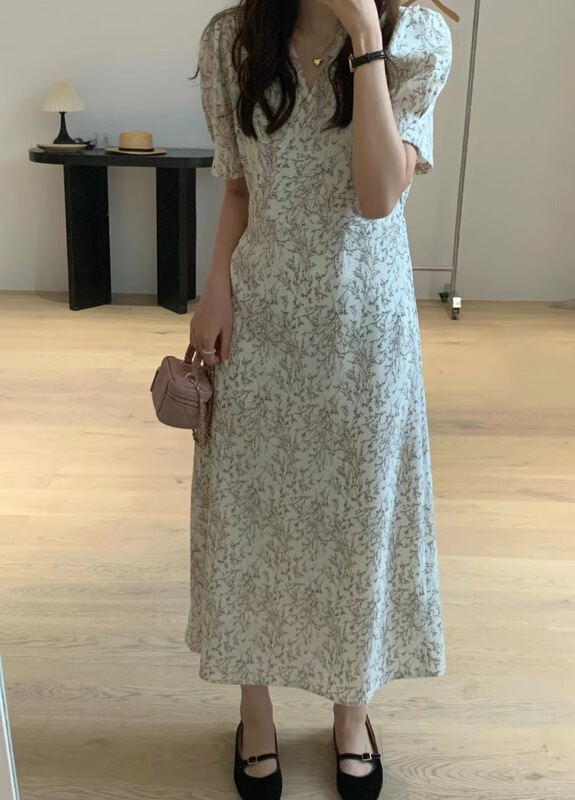 [wanna] floral pleated V-neck dress 89139# cqw