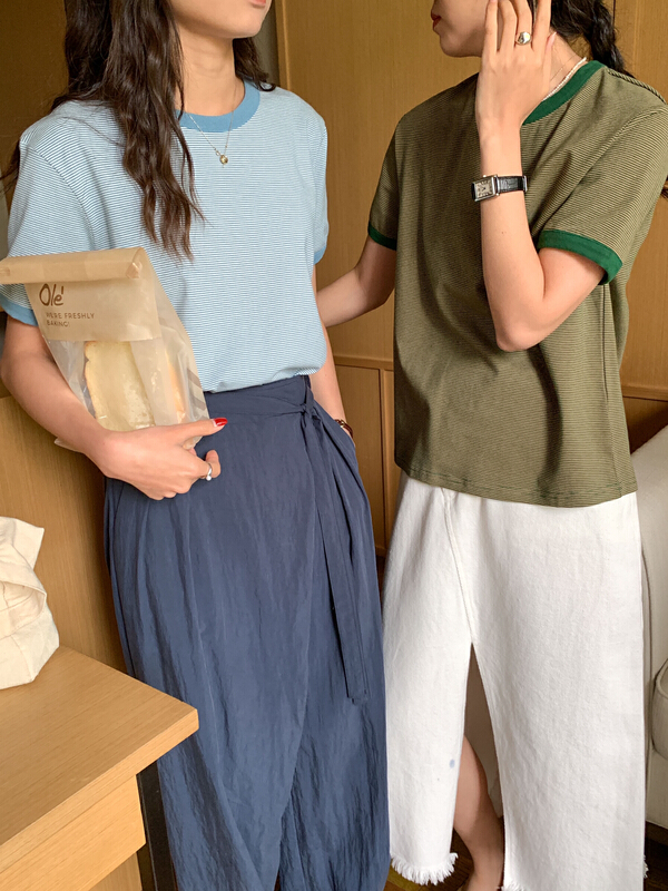 New year in early spring! [Tn] simple and versatile stripe contrast short sleeve T-shirt t3030# cqw