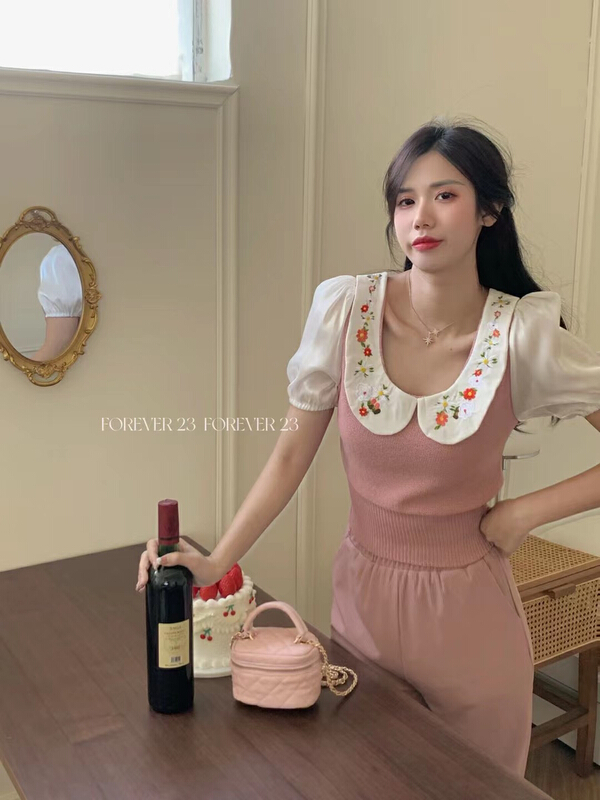 [forever23] Korean embroidered doll neck short shirt a1079# hjy