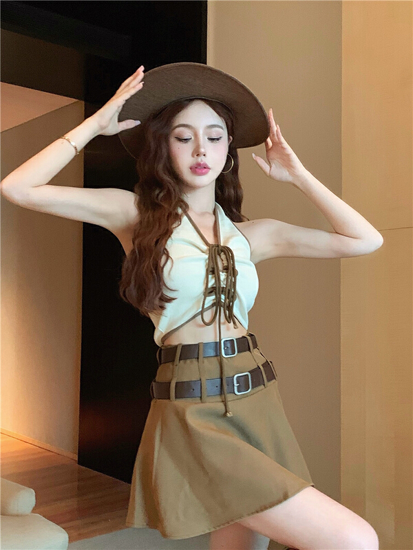 [Doudou family] neck hanging sling Vest + high waist slim skirt suit (with belt) 88311# CLS