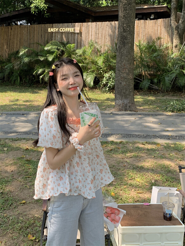 goods in stock! New in early summer! [timely rain] Han Feng ins sweet aging design sense l ruffled broken flower doll shirt (with hair circle) 55159# WPL