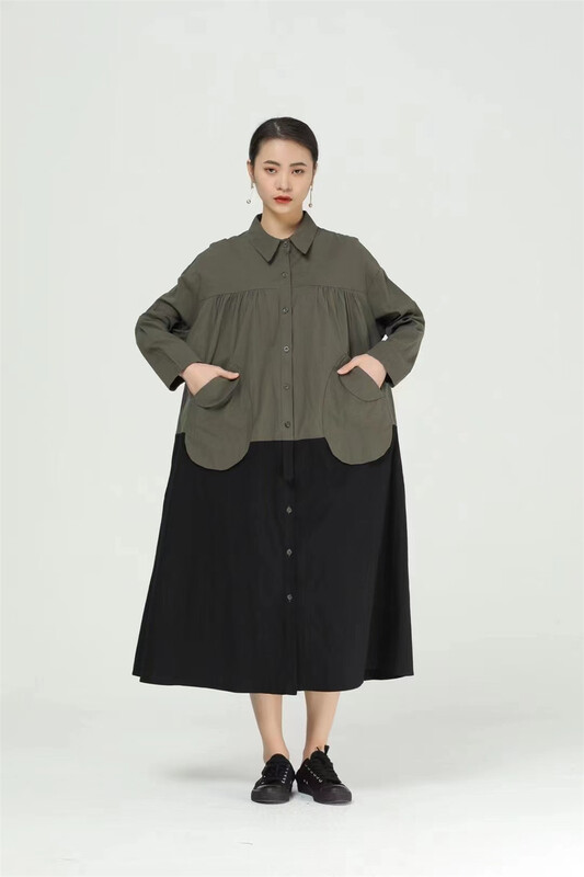 [size] Japanese color contrast loose long sleeve dress 635355# LSW