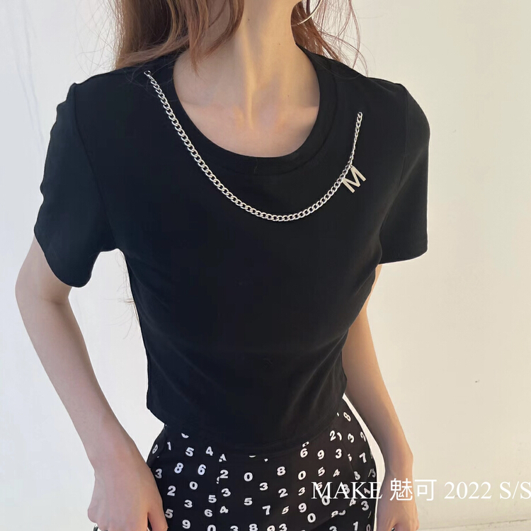 [make Meike] simple solid color careful machine short sleeve T-shirt (with detachable chain) 8605# XJ