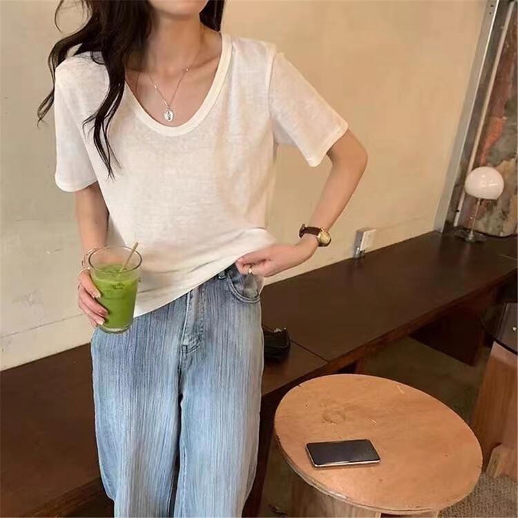 [if shop] simple solid color versatile U-neck short sleeve T-shirt (T-shirt only) 08021# CLS