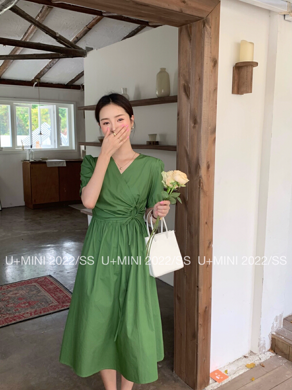 [U + Mini] slim temperament, waist closing V-neck medium length dress d0611# WPL
