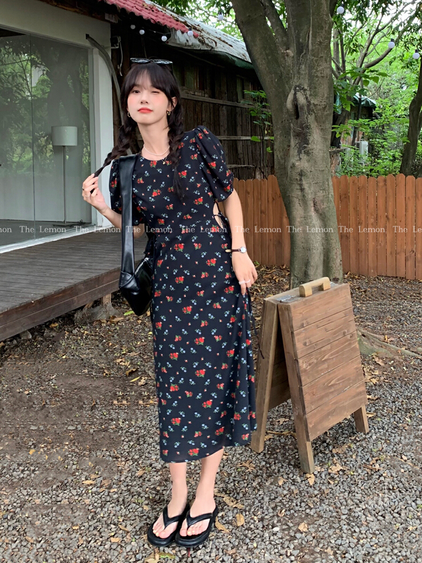 [lemon green tea] Korean lady round neck Printed Dress 2166# hjy