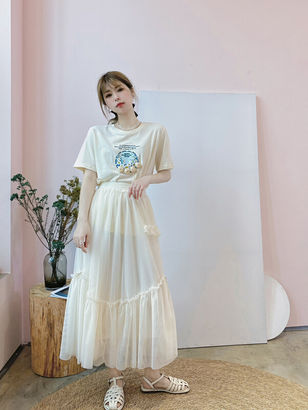 New year in early spring! [twins] Super xiansen series mesh stitched A-line medium length skirt 8007# hjy