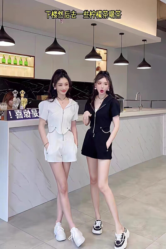 [M.H] zipper blouse + casual shorts two piece suit (with removable chain) 8283# PCZ