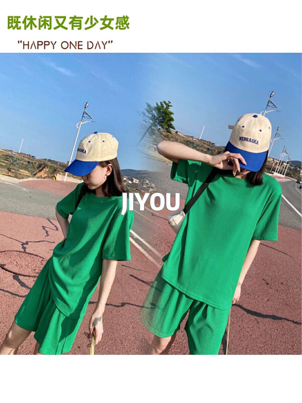 New in early summer! [three thousand gold] round neck short sleeve T-shirt + comfortable casual shorts two piece suit z-1# ll