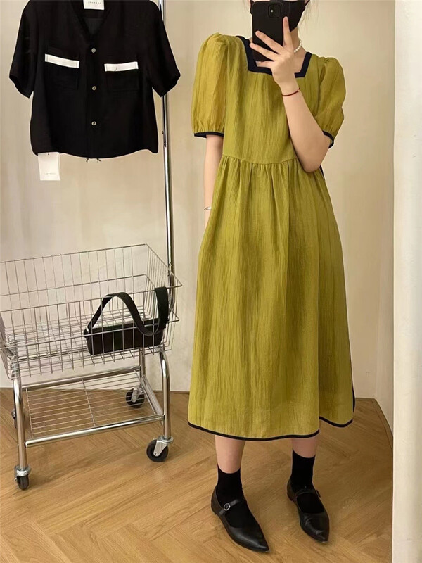 [hi] lady's square neck waist dress 5225# hjy