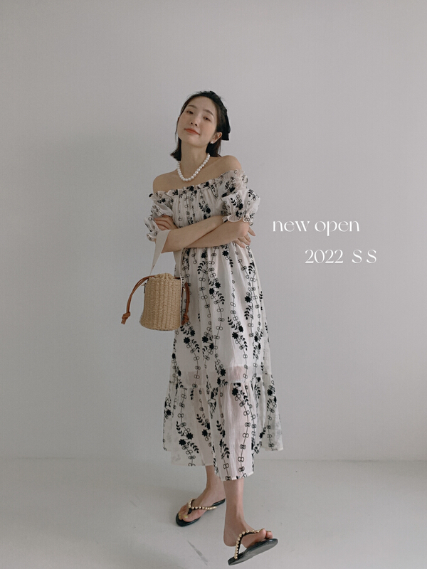 New in early summer! [new open] Vintage Hepburn style medium length high waist embroidered flower dress fl22606# zxl