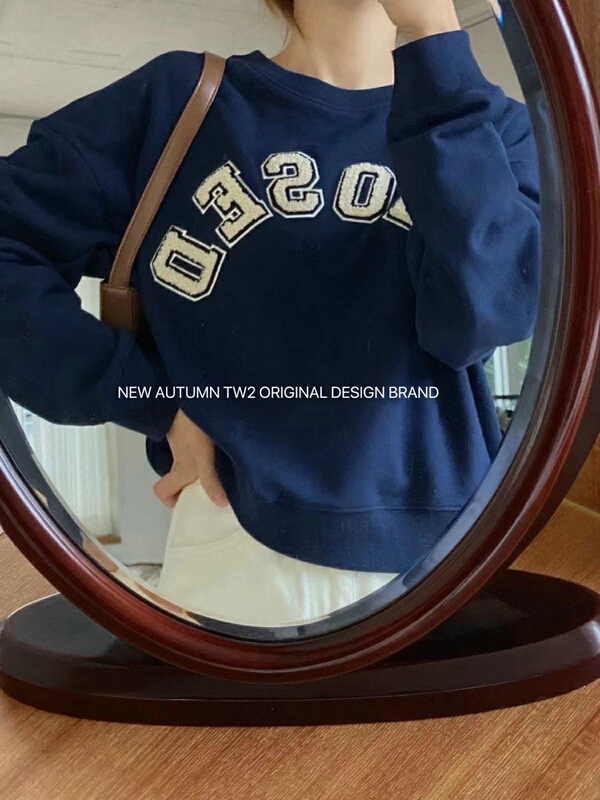 [TW2] Korean casual and versatile three-dimensional embroidered English letter Plush round neck pullover 15213# HBx