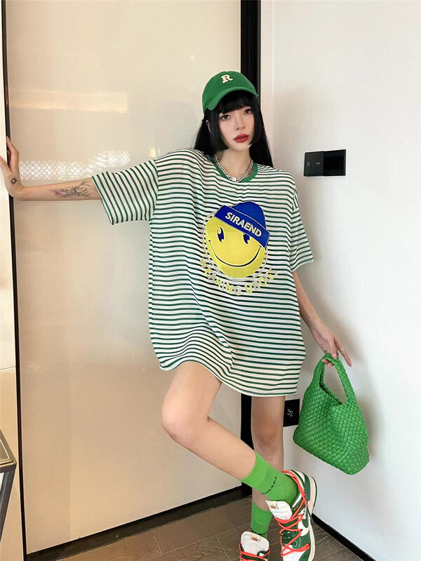 [3 + 2] Korean loose stripe smiling face nail bead short sleeve T-shirt 3249# WPL