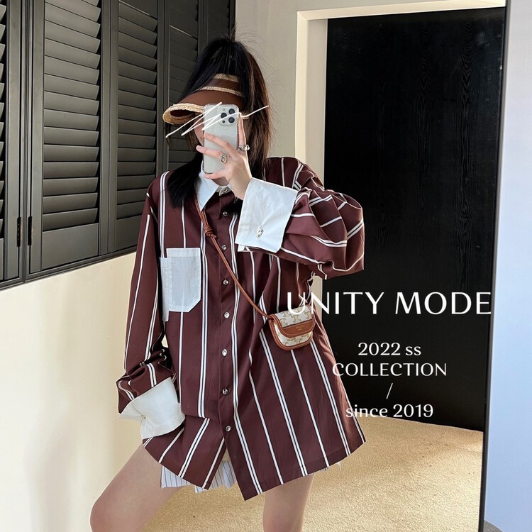[unit] Korean chic temperament loose striped shirt 8972# cqw