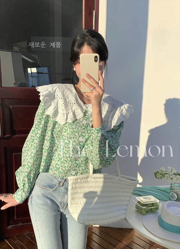 [lemon green tea] Vintage Lace Collar floral blouse 2072# hjy