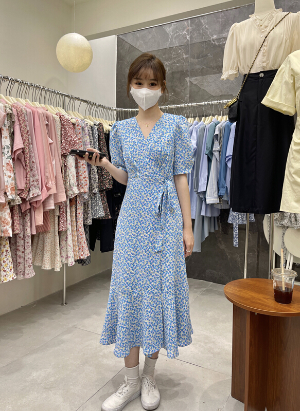 [uone] sweet temperament broken flower lace up bubble sleeve dress 097368# LSL