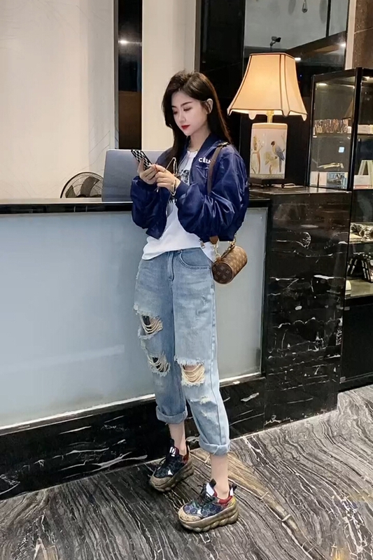 [AI x2 denim] fashionable and versatile pierced daddy jeans 3998# hjy