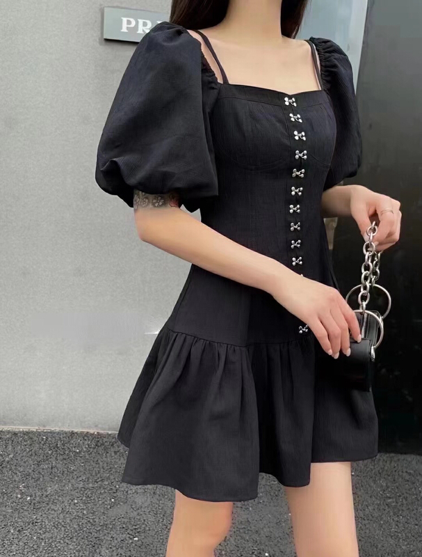 New in early summer! [Nancy] personalized European and Korean spice girl style square neck bubble sleeve dress 086# WPL
