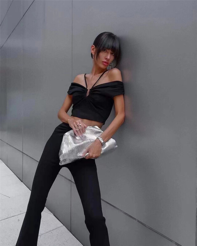 [Yishang clothing] off shoulder pure black short shirt g073# JJ