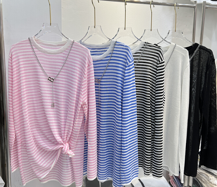 [miss fit lady] sunscreen stripe casual fashion slim sweater (with chain) 8883# XYY