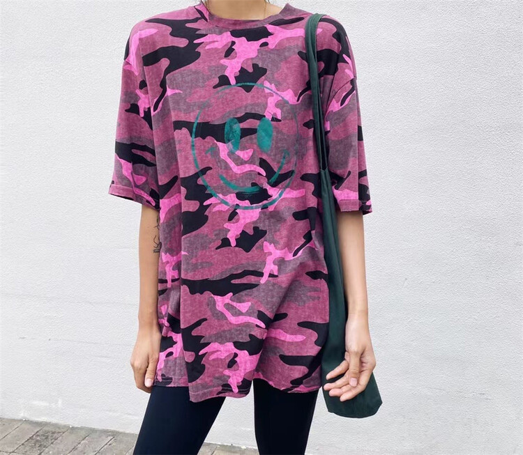 New in early summer! [one seven] camouflage smiley face print loose short sleeve T-shirt t6329# LSL
