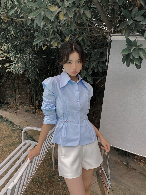 【CB】盤扣中國風收身顯瘦彈力腰襯衫  9559#  JJ