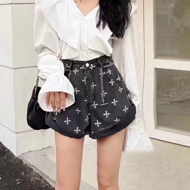 New in early summer! [thousand degree] cross print cuffed denim shorts 2956# LSW