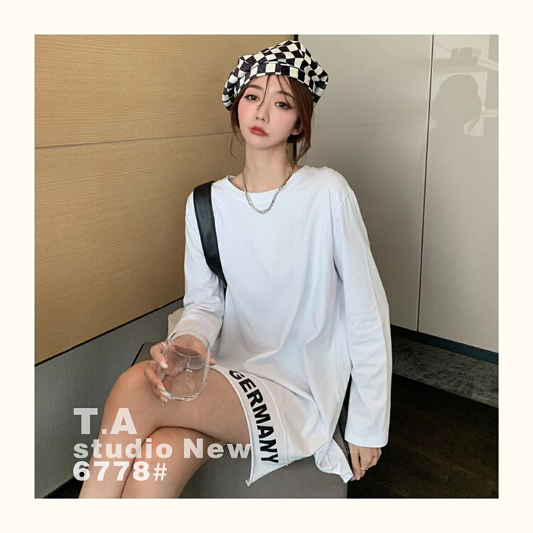 早春上新!【TA+】簡約時尚寬鬆圓領字母印花長袖T恤  6778#  XYY