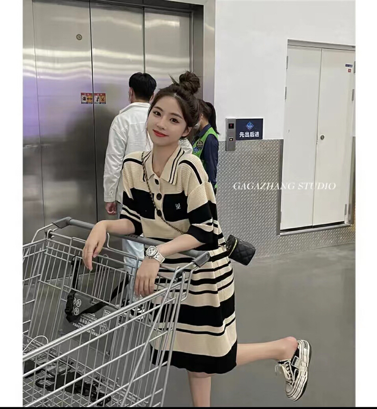 [neeko] striped knit Polo neck slim dress 8069# PCZ