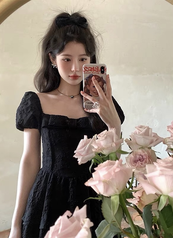 [JH] net red Xiaoxiang bow embossed Lantern Sleeve Dress (only dresses) 41591# PCZ