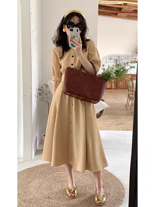 [L.L studio] 2022 New Vintage waffle blouse + temperament skirt set 5100# PCZ