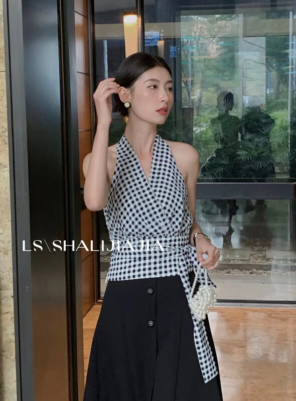 goods in stock! [LS] French style V-neck Plaid Halter / sling 60029# WPL