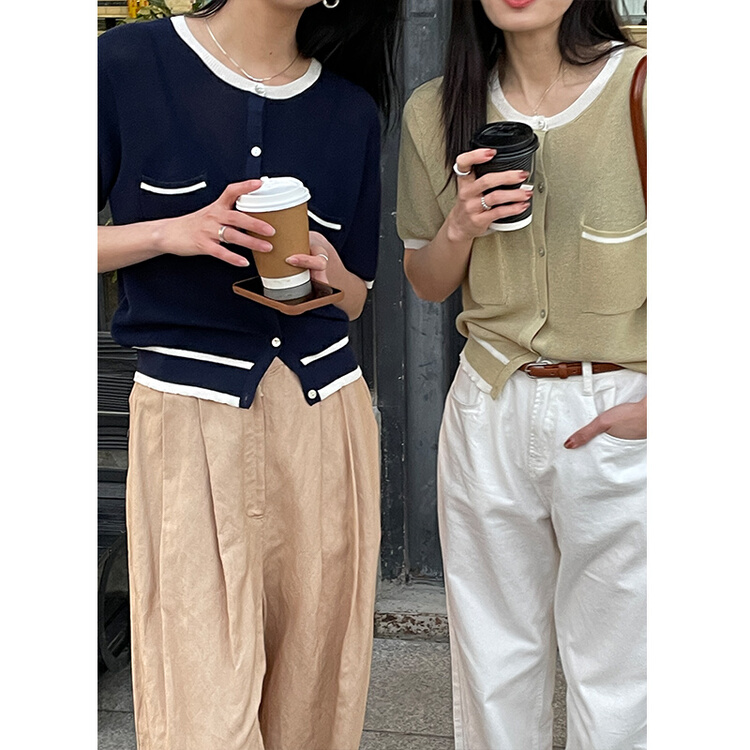 [clean space] Korean version simple color contrast small fragrance sweater 31185# CLS
