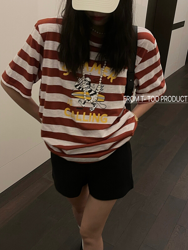 [t-too] casual fashion stripe cartoon short sleeve T-shirt (T-shirt only) 882968# LSL