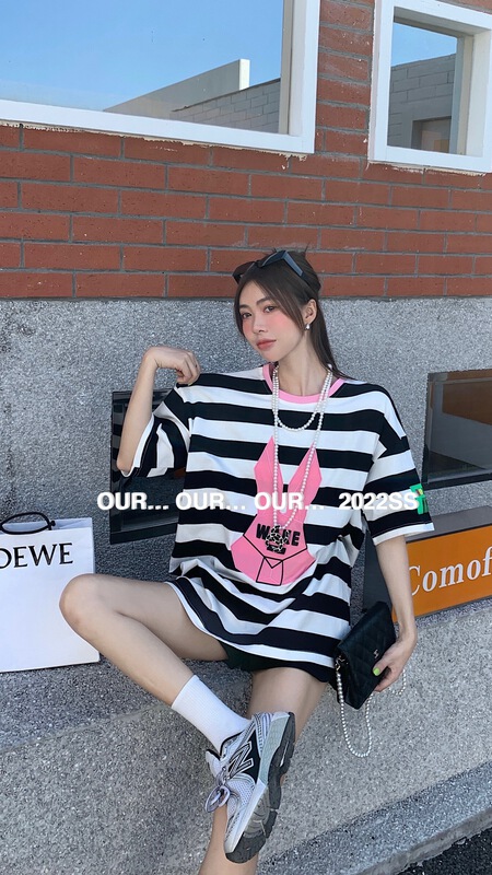 [our] Korean striped cloth print contrast short sleeve T-shirt 8788# LSW