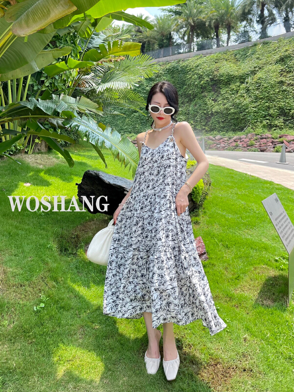 [woshang woshang] V-neck broken flower thin Korean version commuter chain strap skirt 1263# XYJ