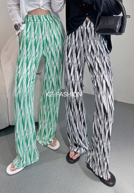 [x2] ice silk tie dyed pleated wide leg casual pants 8859# ozq