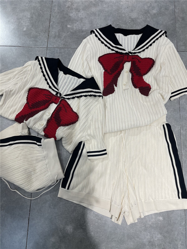 [Dany] color matching bow knit + drawstring casual Shorts Set 77629# hyy